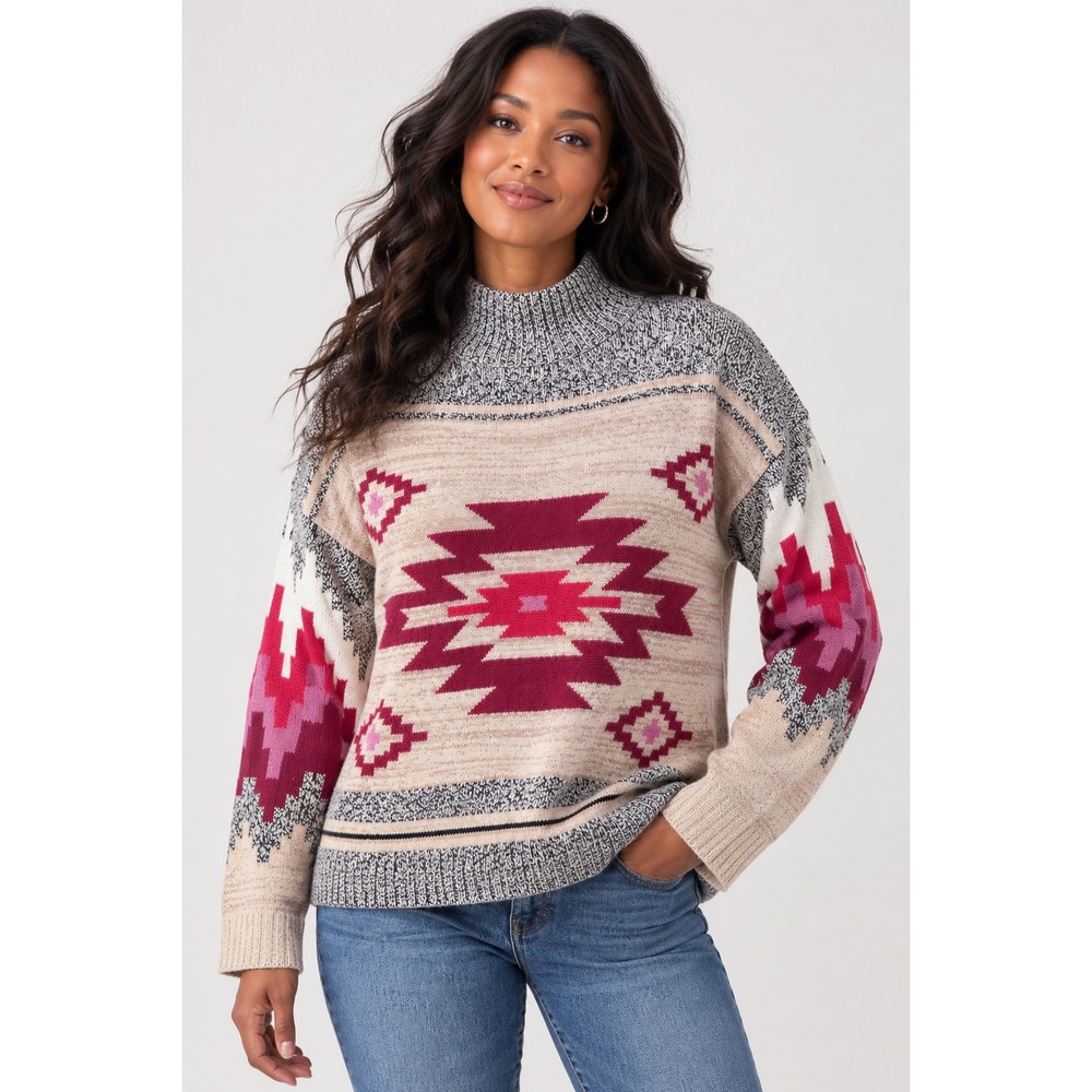 Nic+Zoe Womens Mock Neck Southwestern Geometric Intarsia Knit Sweater Large